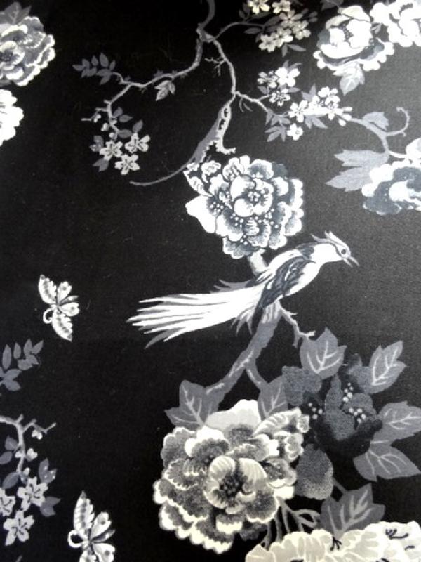 Bengaline coton lycra noire oiseaux et cerisiers en fleurs 