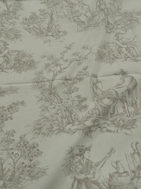 Coton blanc casse motif toile de jouy teinte chamois 1 