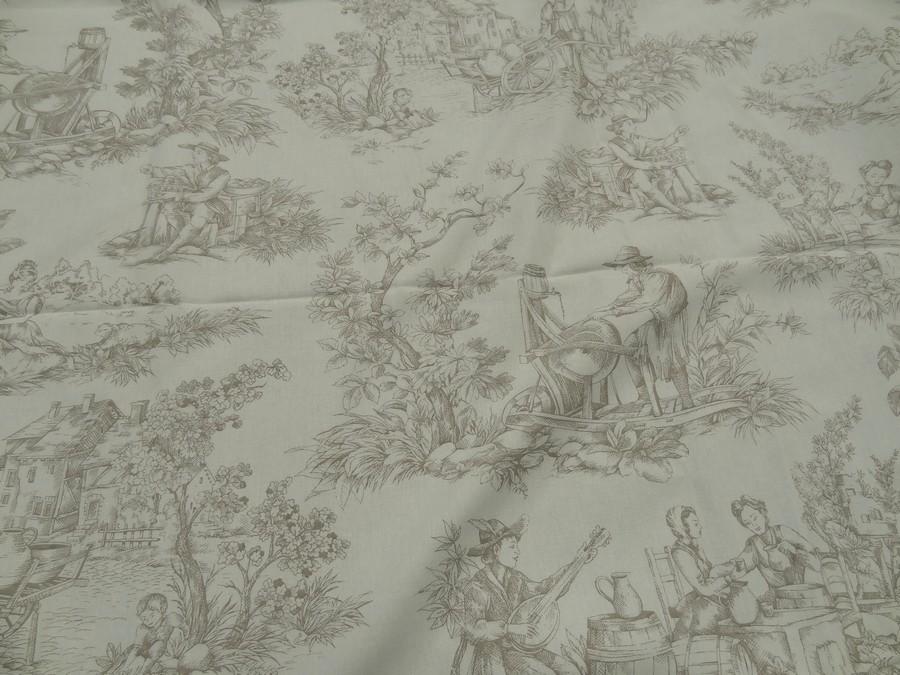 Coton blanc casse motif toile de jouy teinte chamois 1