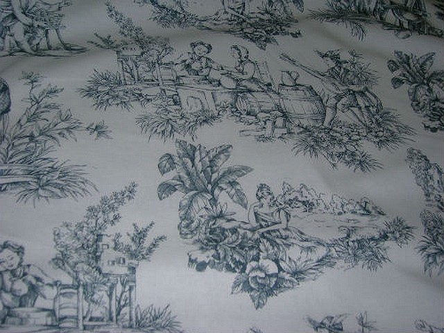 Coton blanc imprime toile de jouy ardoise 1