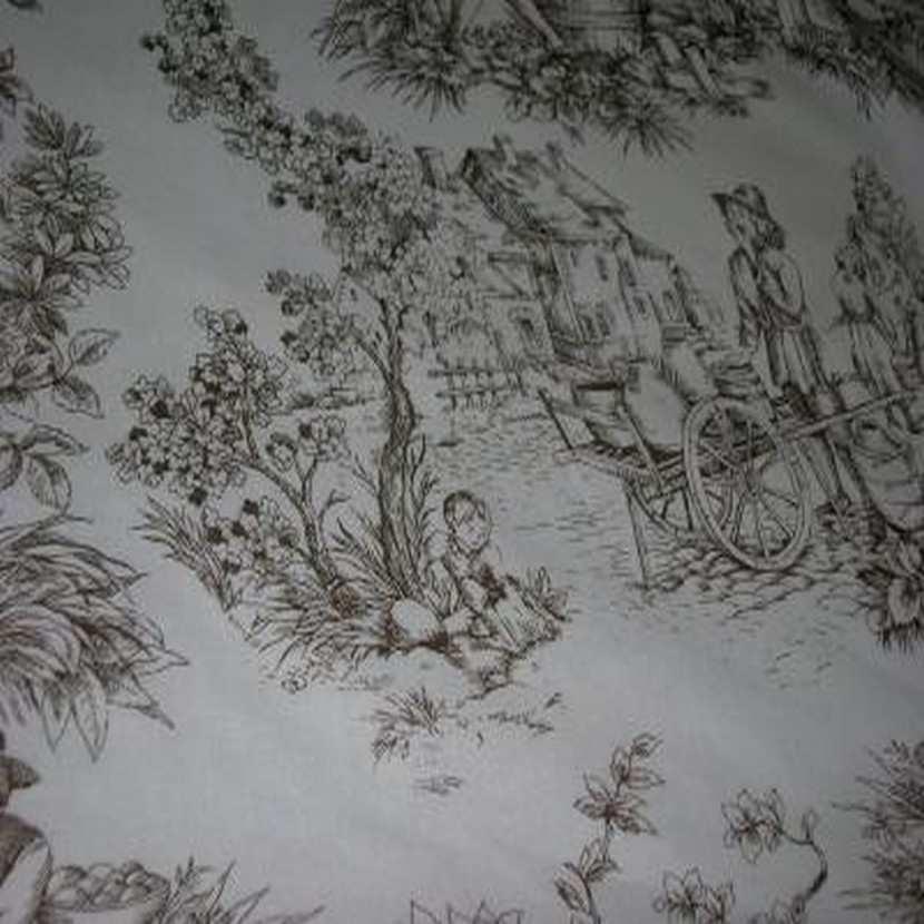 Coton blanc imprime toile de jouy marron