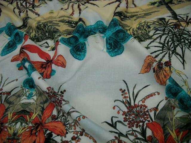 Coton blanc motifs palmier hibiscus papillon 1