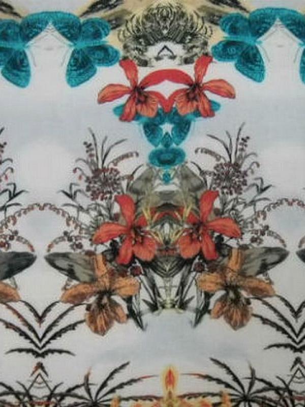 Coton blanc motifs palmier hibiscus papillon 4 