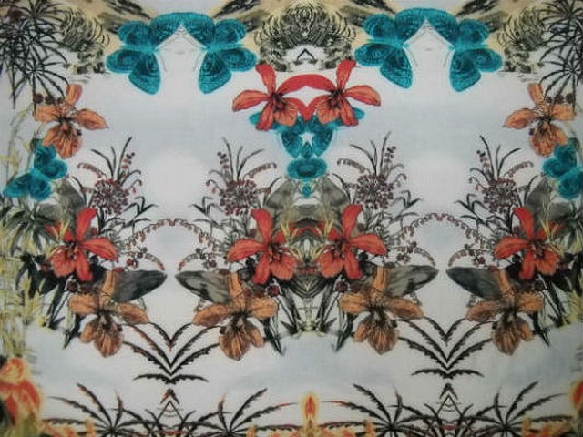 Coton blanc motifs palmier hibiscus papillon 4