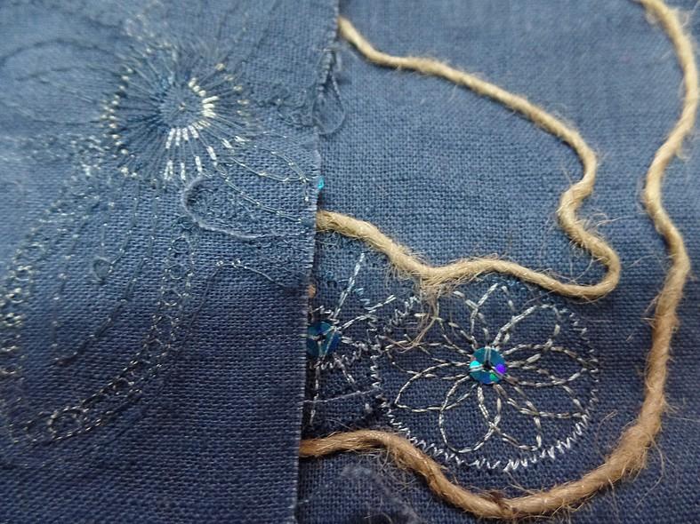 Coton bleu denim brode de fils de lin et sequins 3