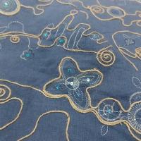 Coton bleu denim brode de fils de lin et sequins 6