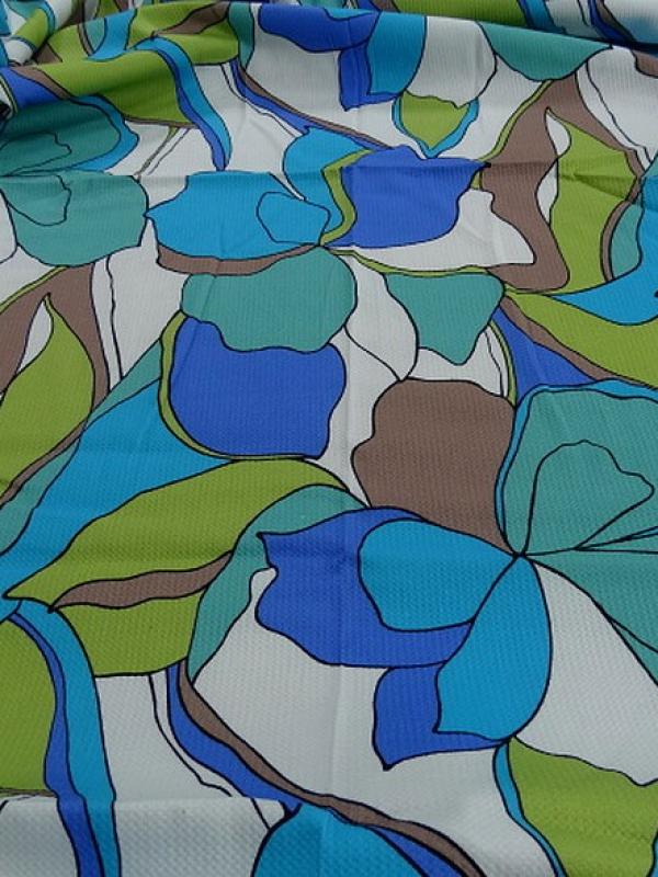 Coton lycra tissage nid d abeille fleurs vintage bleu vert 1 