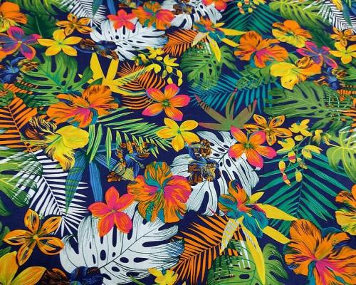 Coton motif polynesien fond bleu marine vert et orange 2 