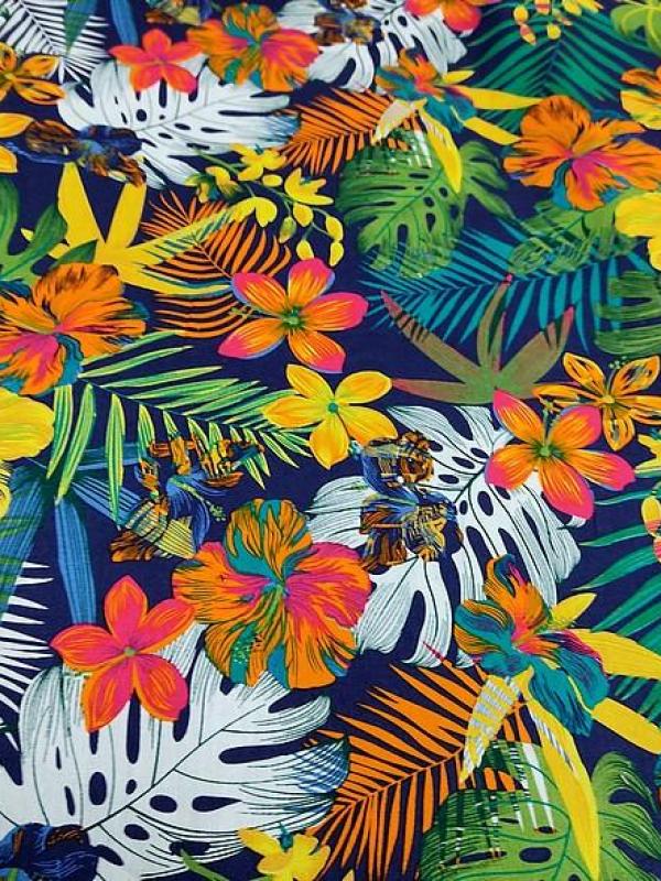 Coton motif polynesien fond bleu marine vert et orange 2 