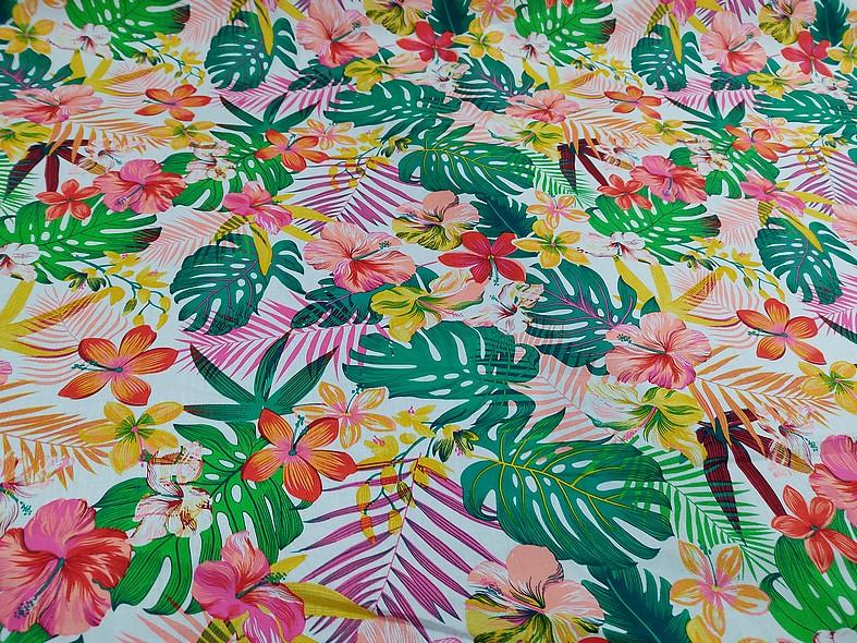 Coton polynesien fond blanc motif vert et rose 1 1