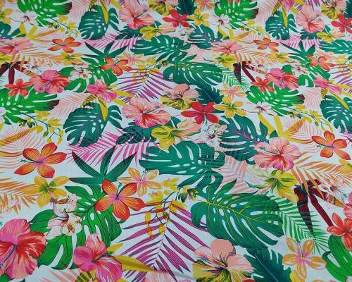 Coton polynesien fond blanc motif vert et rose 1 