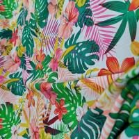 Coton polynesien fond blanc motif vert et rose 2