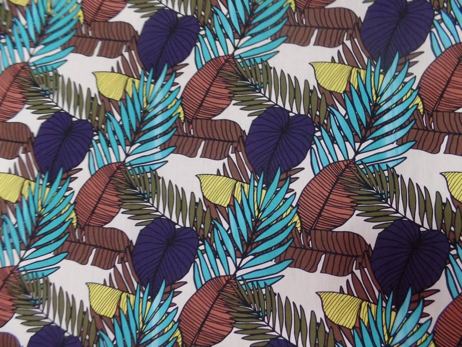 Coton popeline blanche imprime feuillage multicolore