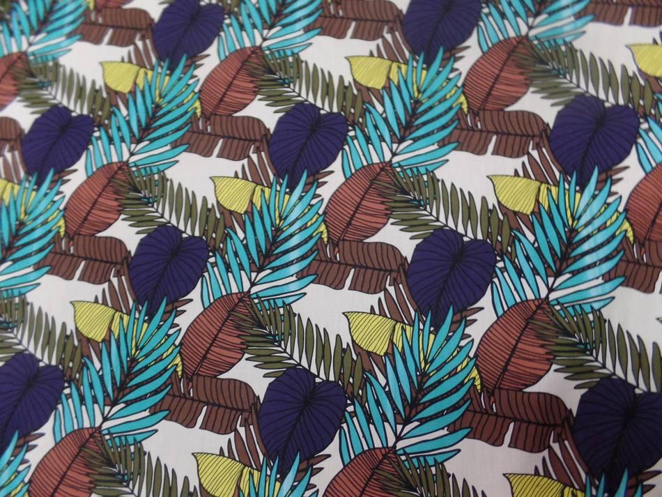 coton popeline blanche imprimé feuillage multicolore