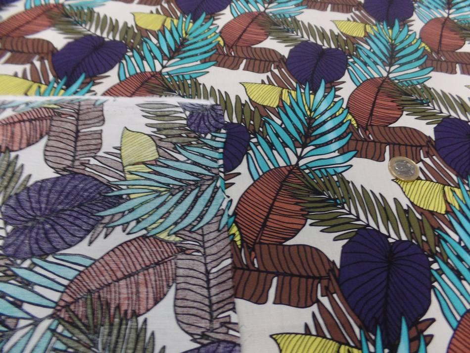 coton popeline blanche imprimé feuillage multicolore