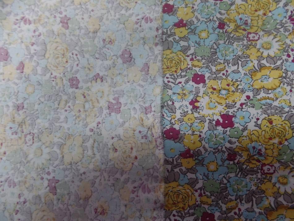 coton popeline blanche imprimé style liberty fleurs bleu ,gris ,bordeaux et jaune
