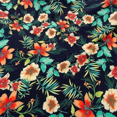 Coton viscose fond marine fleurs et fougeres corail et turquoise 3 