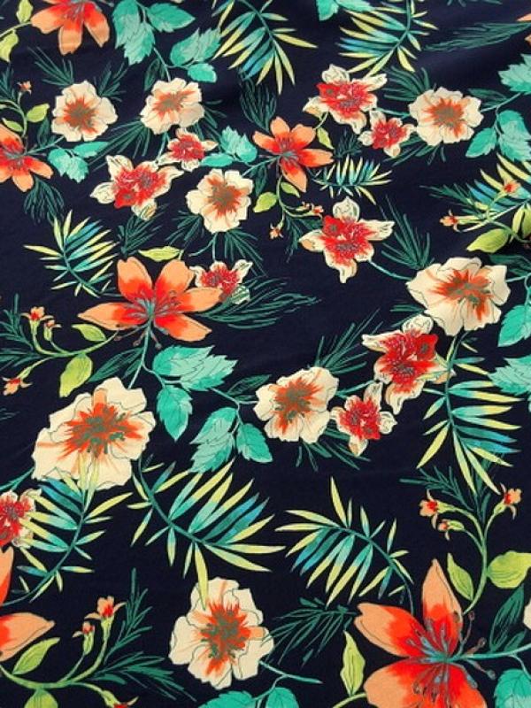 Coton viscose fond marine fleurs et fougeres corail et turquoise 3 