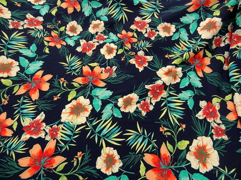 Coton viscose fond marine fleurs et fougeres corail et turquoise 3