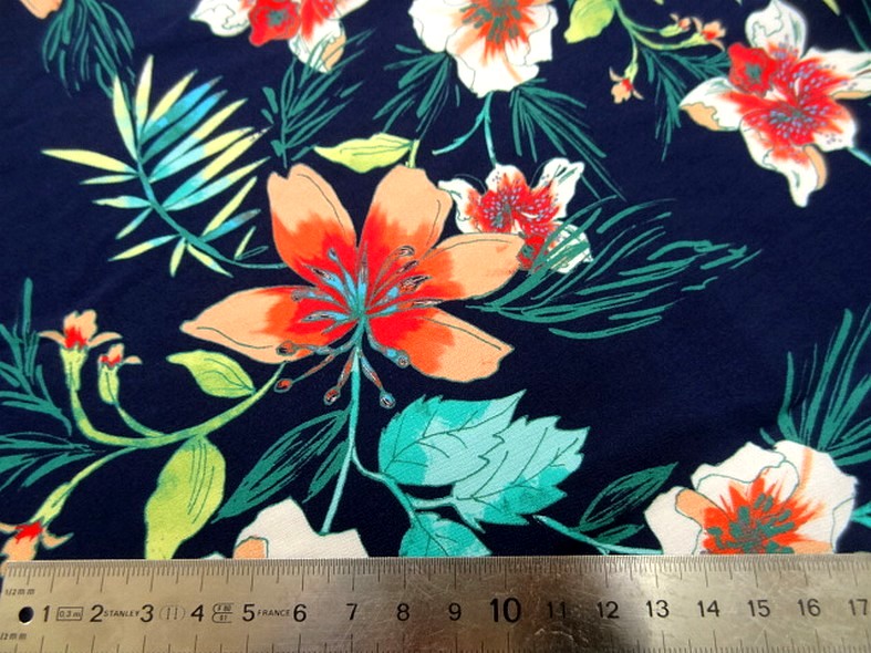 Coton viscose fond marine fleurs et fougeres corail et turquoise 4
