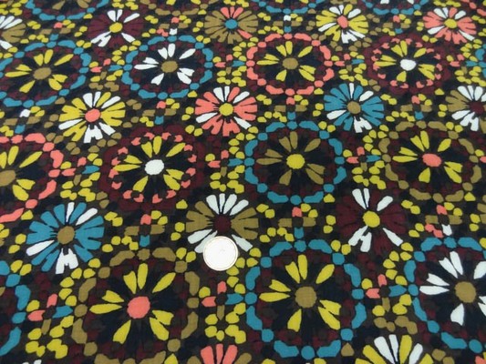 Coton viscose imprimé fleurs ton marron-jaune-bleu