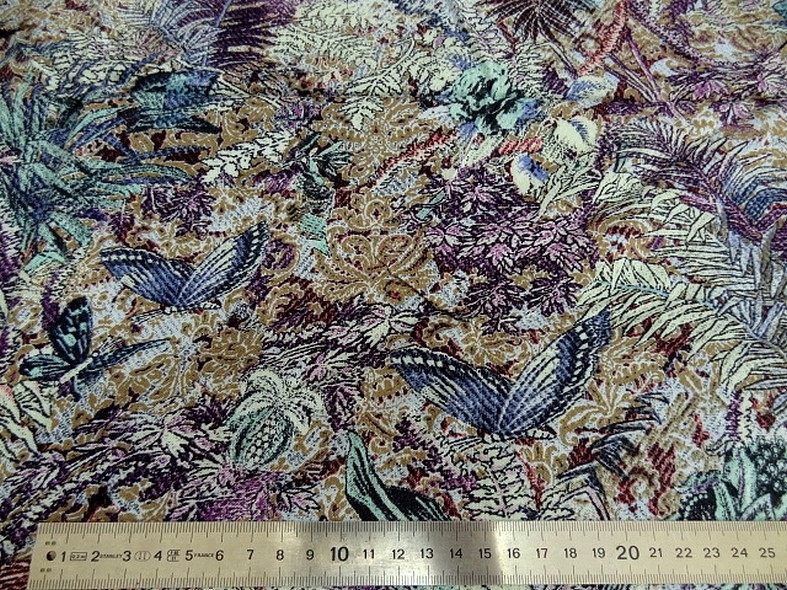 Coton viscose prune et bleu givre plantes et papillons 3