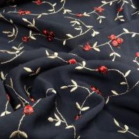 Crepe bleu nuit brode volutes fleuries 2