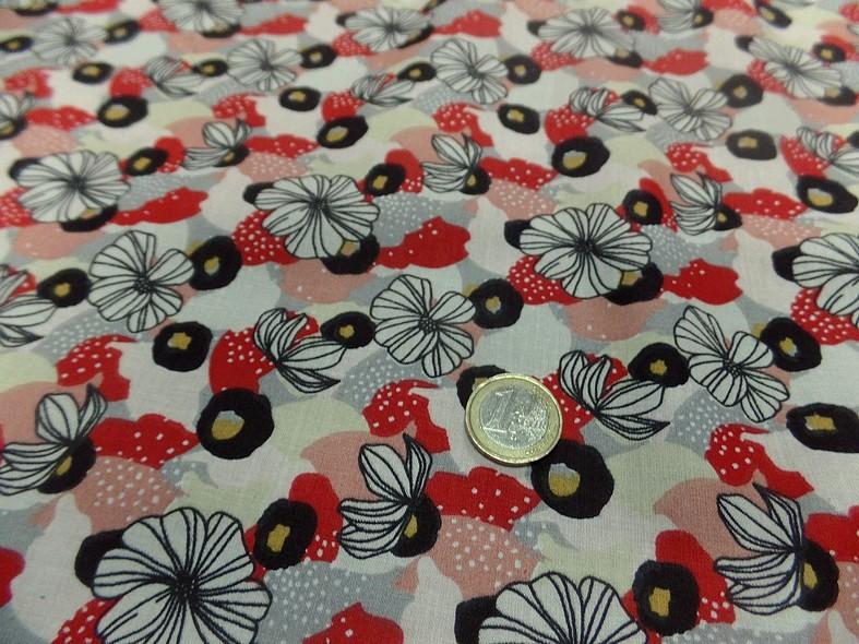 Cretonne fleurs moyennes blanc casse noir rouge coquelicot 3