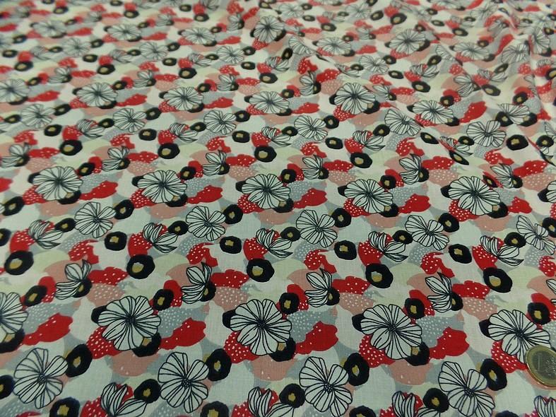 Cretonne fleurs moyennes blanc casse noir rouge coquelicot 4