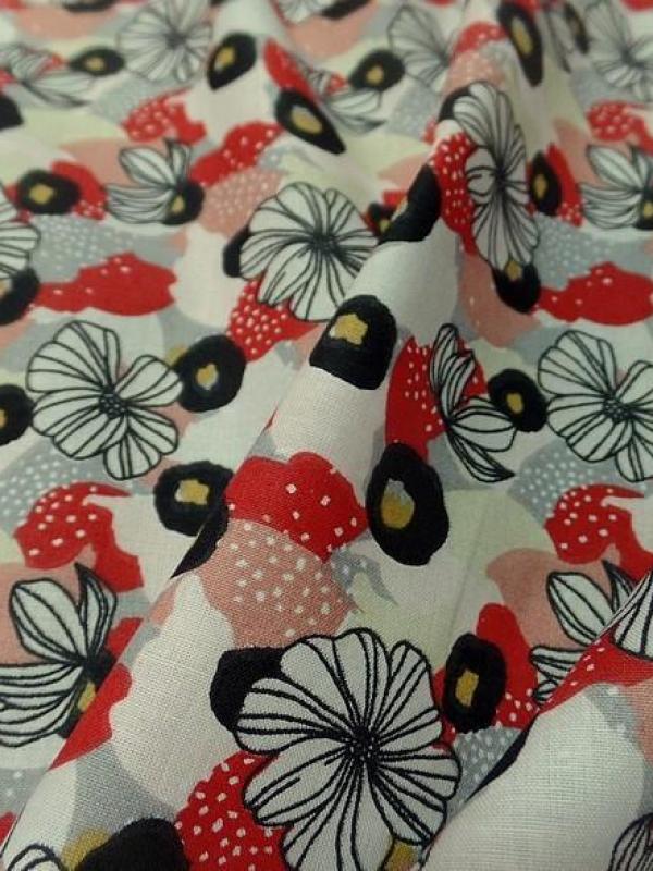 Cretonne fleurs moyennes blanc casse noir rouge coquelicot 5 