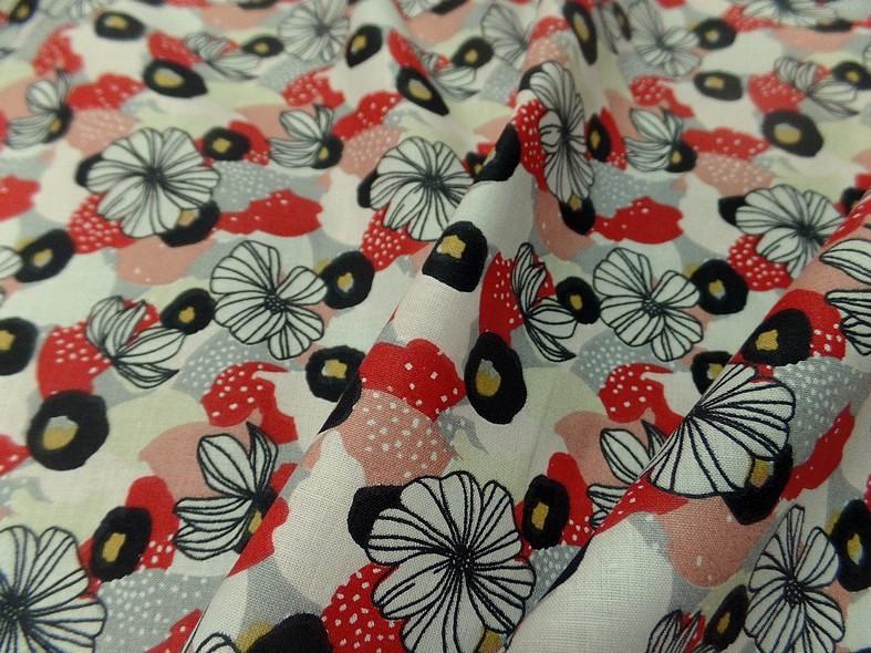 Cretonne fleurs moyennes blanc casse noir rouge coquelicot 5