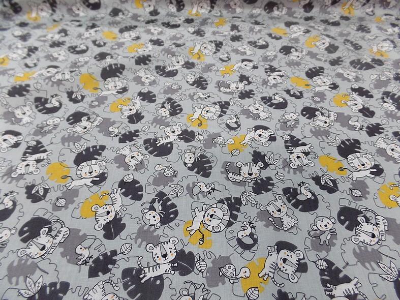 Cretonne motif bebes animaux sauvages gris jaune 1