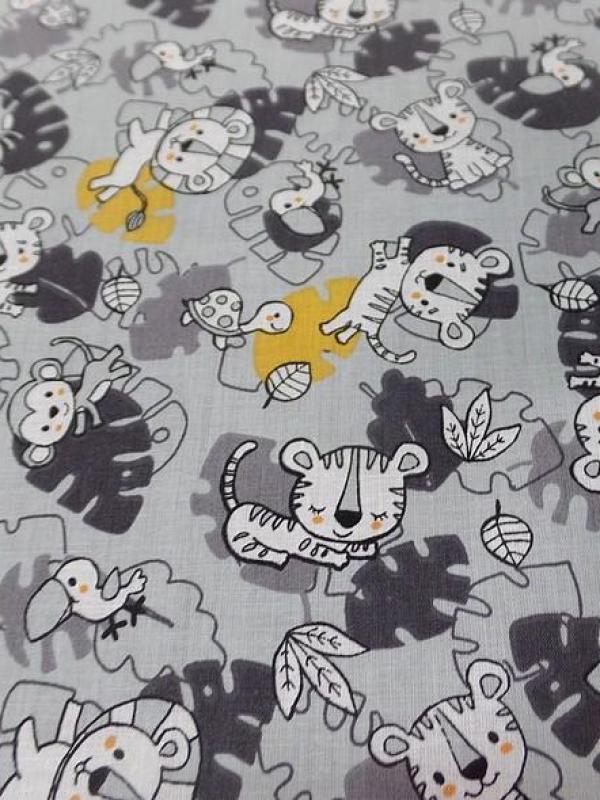 Cretonne motif bebes animaux sauvages gris jaune 2 