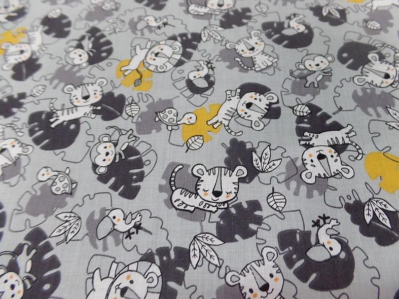 Cretonne motif bebes animaux sauvages gris jaune 2