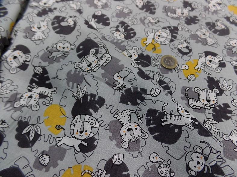 Cretonne motif bebes animaux sauvages gris jaune 5