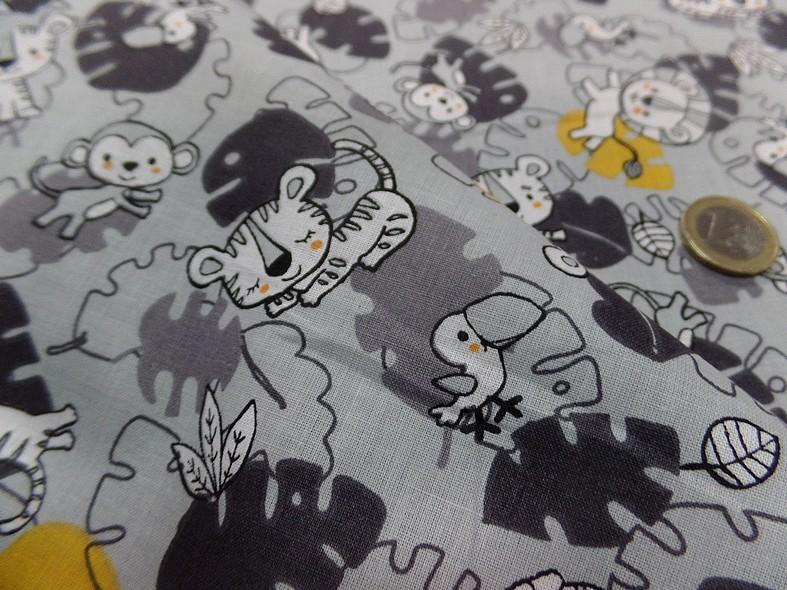 Cretonne motif bebes animaux sauvages gris jaune 6