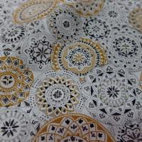 Cretonne motif fleur spirographe ocre blanc gris 1