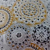 Cretonne motif fleur spirographe ocre blanc gris 2 