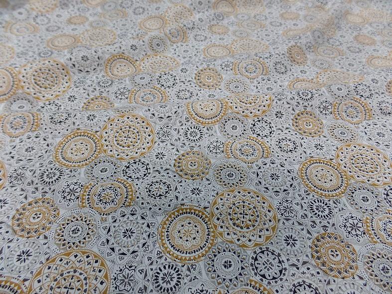 Cretonne motif fleur spirographe ocre blanc gris 5