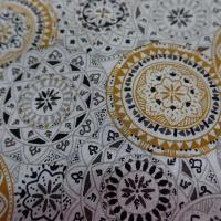 Cretonne motif fleur spirographe ocre blanc gris 6