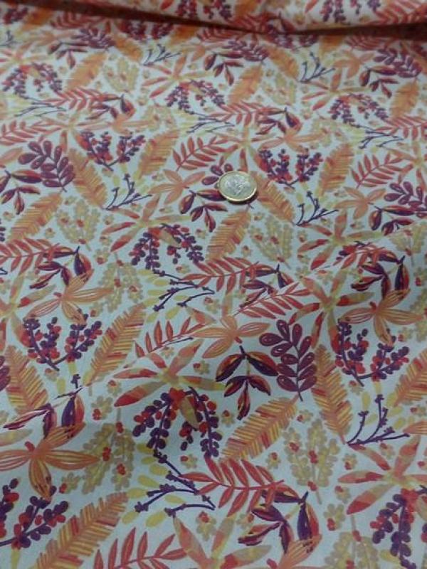 Cretonne motif petit feuillage corail violet 3 