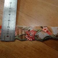Dentelle resille extensible corail et vert tilleul fleuri 1 