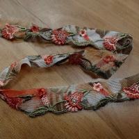 Dentelle resille extensible corail et vert tilleul fleuri 5 