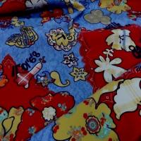 Gabardine coton imprime fleurs bleu et rouge4