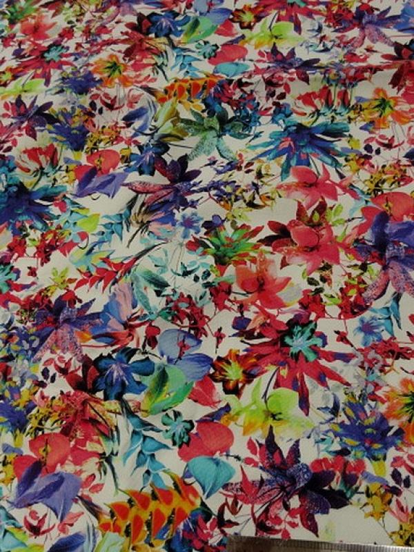 Gabardine coton lycra blanc fleuri couleurs peps 2 
