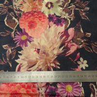 Gabardine coton lycra bleu encre fleurie chrysanthemes 4 