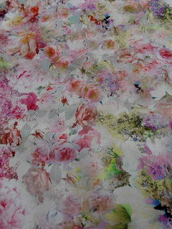 Gabardine coton lycra fleurs rose tendre et saumon 4 