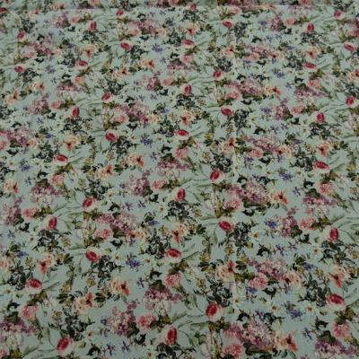 Gabardine coton lycra fond bleu azurin fleurs liberty 5 