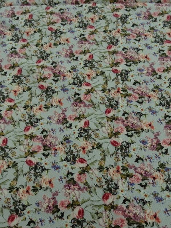 Gabardine coton lycra fond bleu azurin fleurs liberty 5 