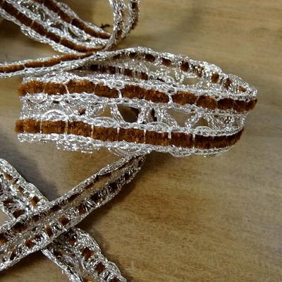 Galon duo velours chenille caramel et lurex argent